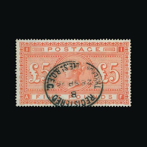 20521 - Great Britain - QV (surface printed) : (SG 137) 2950 £5 orange, AF, neat oval Registered pmk, fresh,... 