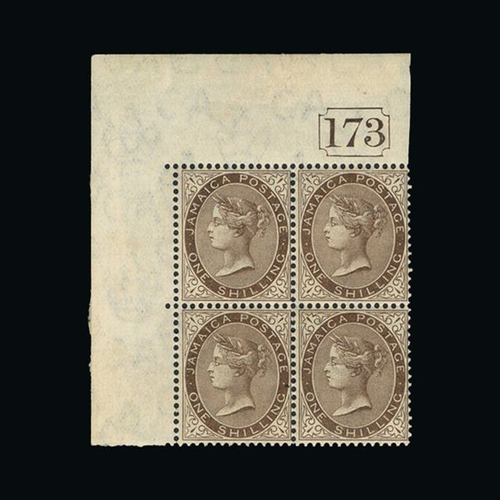 15333 - Jamaica : (SG 53,53b) 1905-11 MCA 1s brown top left corner block of four with sheet number 173, R.2/... 