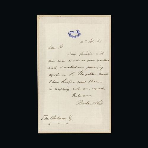 26372 - Great Britain - Covers - QV : 1865 personal note for T.M. Richardson from ROWLAND HILL on embossed h... 