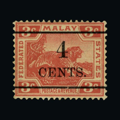 26615 - Malaya - Federated Malay States : (SG 34b) 1918 '4 CENTS' on Leaping Tiger 3c scarlet fine unused wi... 