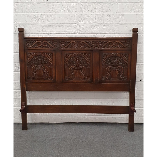 485 - Antique Style Carved Oak Bed Headboard with Frieze Band above 3 Panels