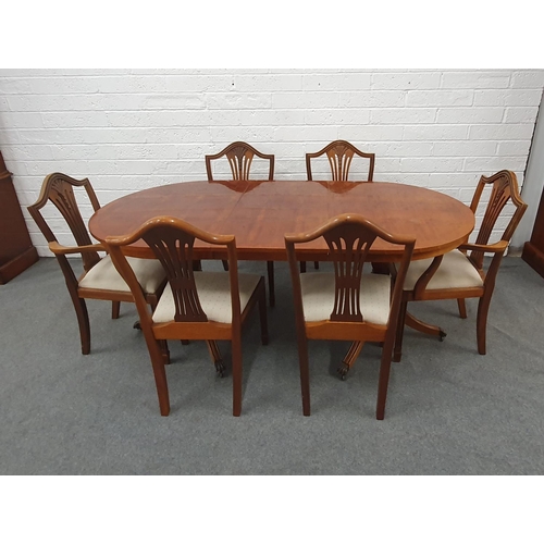 487 - Regency style extending dining table with leaf, 2 carvers and 4 full size chairs in Walnut, Wheatshe... 