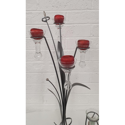 14 - Contemporary metal art tea light holders with glass droplets, tallest 37