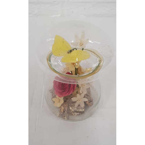 346 - Mushroom glass shaped diorama of flowers and butterfly