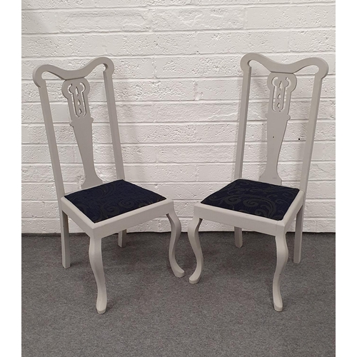 496 - Pair of fine shabby chic grey high back dining chairs with blue slip seats