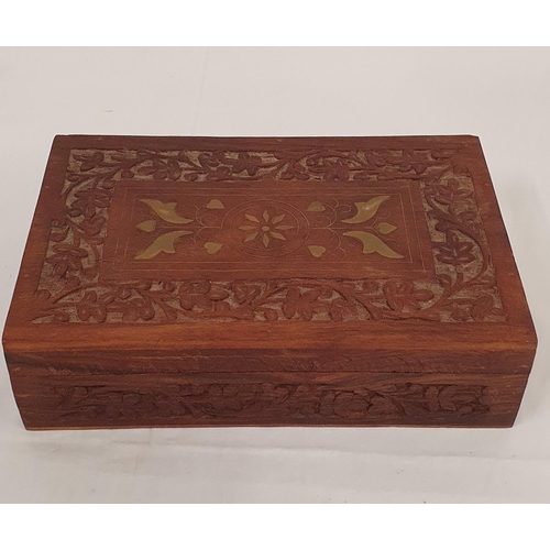 157 - Indian wood carved workbox with brass inlay, 10