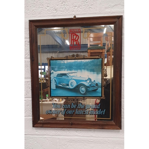 420 - Large wood framed advertising mirror with Rolls Royce decoration, 19.5