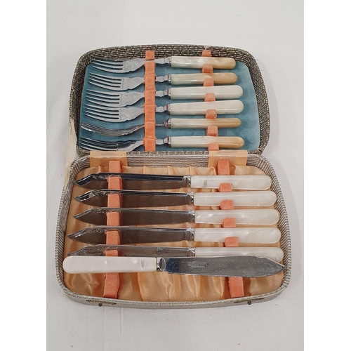 64 - Vintage 6 person cased fish knives and forks set with mother of pearl handles