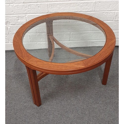 513 - Mid Century circular glass top, 3 legged coffee table, 32