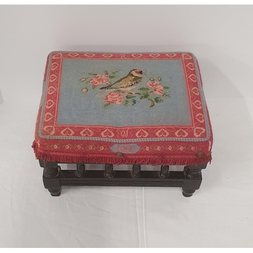 531 - Antique wooden foot stool with needlework cushioned seat