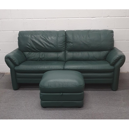 549 - Large faux green leather sofa with pouffe, Sofa dimensions 82