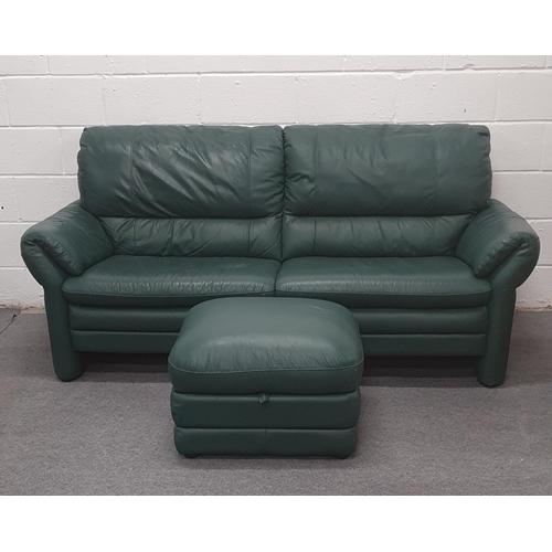 549 - Large faux green leather sofa with pouffe, Sofa dimensions 82