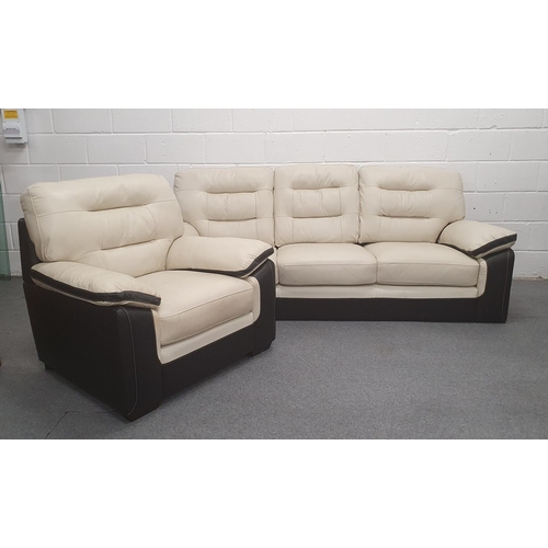 553 - Modern stylish cream and brown leather Suite of 3 seater sofa and arm chair, Sofa 87