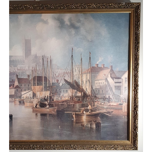 431 - Large gilt framed and glazed print of Brayford Wharf in Lincoln painted in the 1800's by John Wilson... 