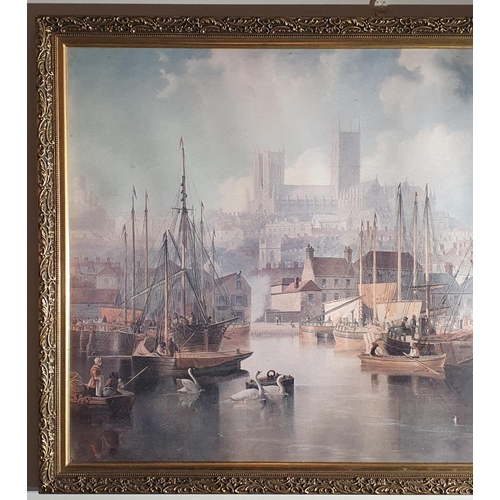 431 - Large gilt framed and glazed print of Brayford Wharf in Lincoln painted in the 1800's by John Wilson... 