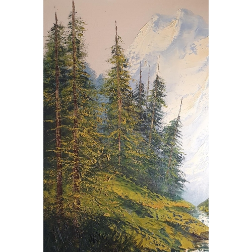 434 - Large unframed thick palette knife artwork on canvas depicting a snowy mountain backdrop in fern lin... 