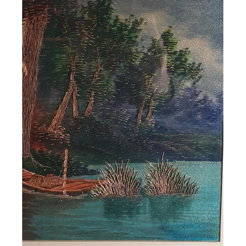 435 - Fine framed & glazed oriental silk work art depicting a lakeside scene, extremely fine and intri... 