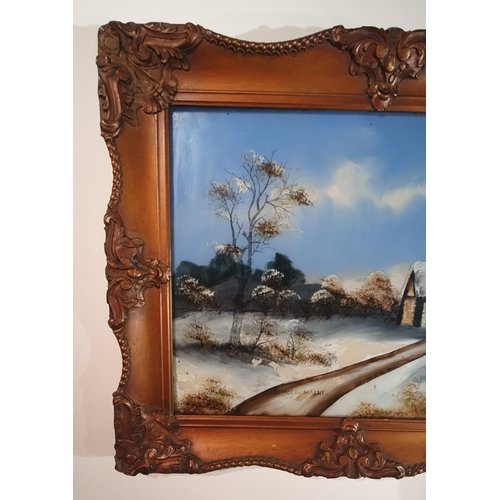 436 - Ornately framed and glazed reverse acrylic painting depicting a snowy scene (A/F), 25