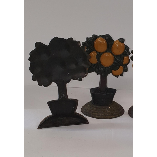 36 - 3 identical cast metal door stops depicting orange trees