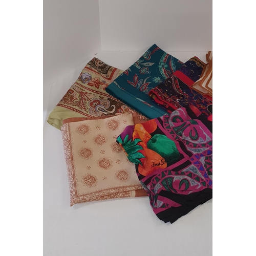 103 - Further group of 10 ladies scarves in bright colours, mainly silk