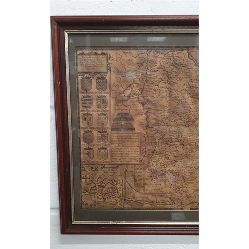 439 - Framed & glazed antique map of Lincoln and surrounding areas, including the coats of arms of var... 