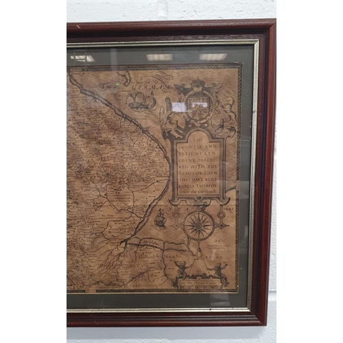 439 - Framed & glazed antique map of Lincoln and surrounding areas, including the coats of arms of var... 