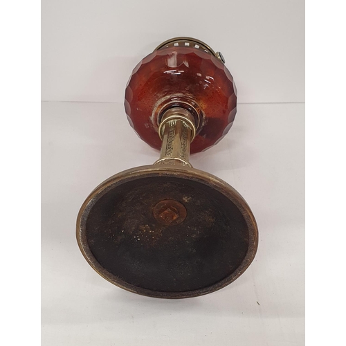 401 - Large vintage brass oil lamp with rose glass reservoir, single burner adjustment, 16