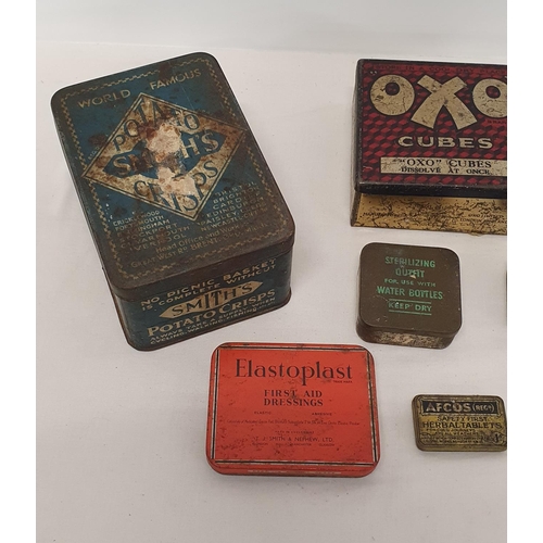 403 - Collection of 8 vintage advertising tins including OXO, Smiths Crisps and Elastoplast