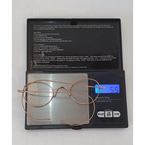 204 - Antique cased pair of gold rimmed wire frame glasses tests as 18k, total weight 5.5grams