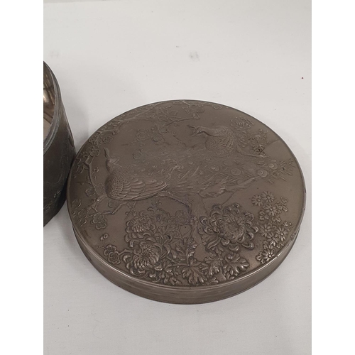 58 - Impressive heavy pewter tin with oriental dragon design to the lid