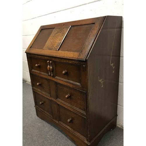 560 - oak drop front bureau with key, 30