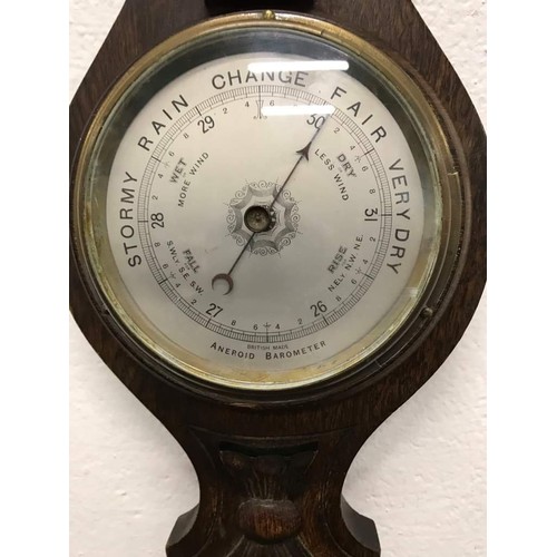 222 - Oak cased wall mounted banjo barometer with thermometer