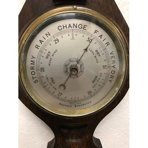 222 - Oak cased wall mounted banjo barometer with thermometer