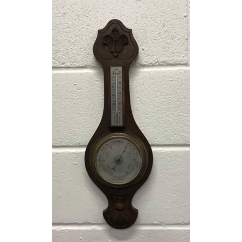 222 - Oak cased wall mounted banjo barometer with thermometer