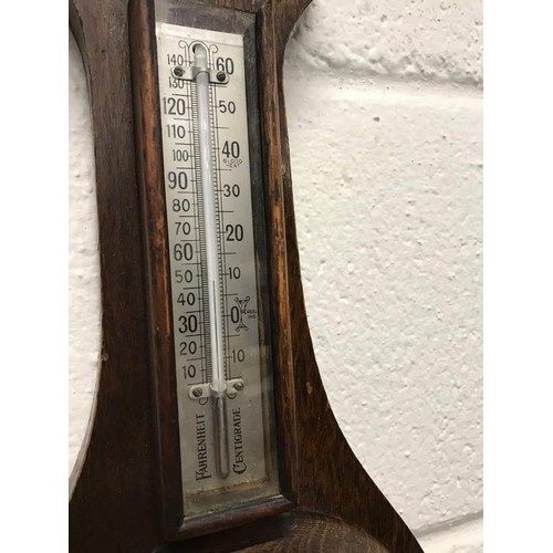 222 - Oak cased wall mounted banjo barometer with thermometer