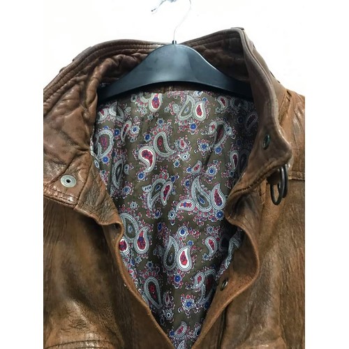 114 - Tan leather bomber jacket with paisley lining