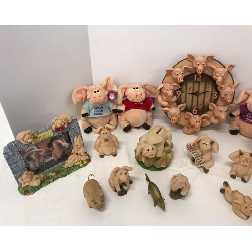 397 - Collection of Pig ornaments including many Piggin' examples, Clock, photo frames etc