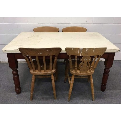 572 - 5 x 3 solid pine kitchen table including 4 beach frame chairs (3 fiddles 1 slat back)