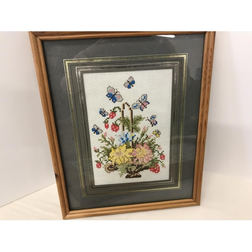 86 - Pine framed tray and 2 framed and glazed cross stitch pictures