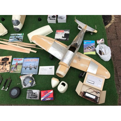 123 - Large unfinished scratch build Avro Lancaster and spitfire to include books and new engines boxed ( ... 