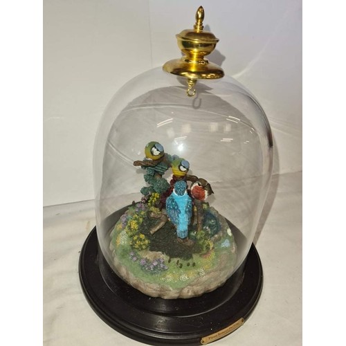 105 - Glass dome bird scene pocket watch holder, working so you can hear the birds tweeting