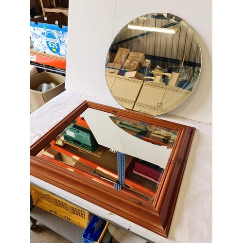 49 - Square pine framed mirror and round frameless mirror