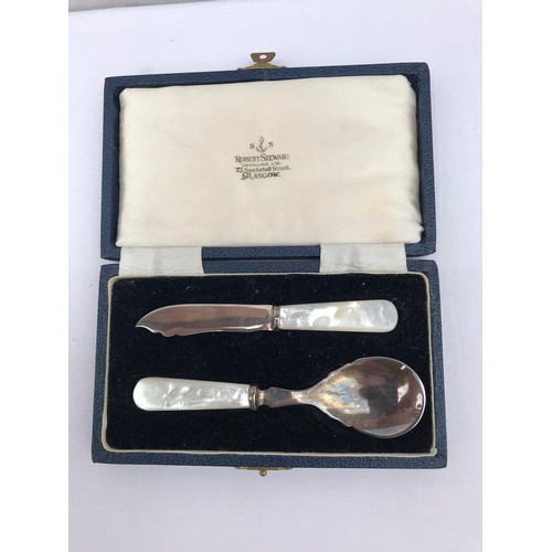 38 - Boxed silver hallmarked  christening set by JS and S