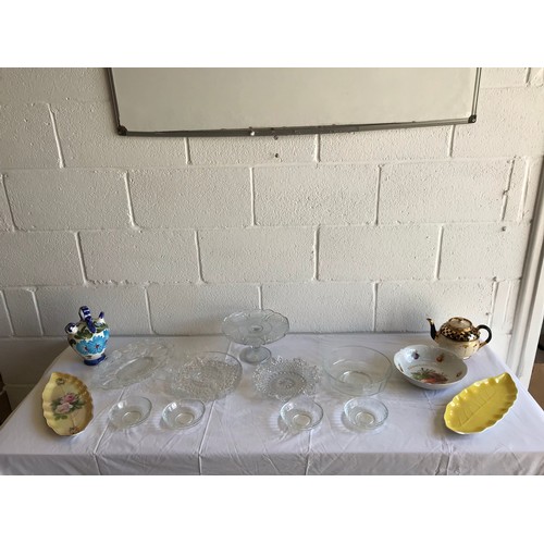 473 - Collection of clear glass display wares and leaf plates and teapot