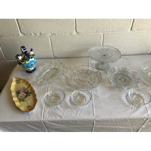 473 - Collection of clear glass display wares and leaf plates and teapot