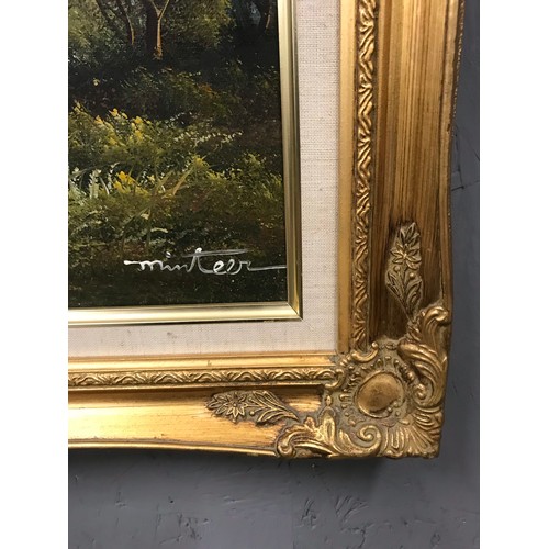 44 - Ornate framed oil on canvas of country and waters edge scene by the artist Minteer