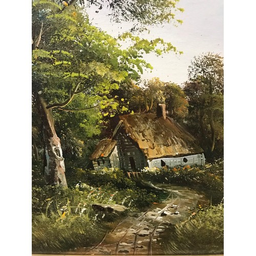 44 - Ornate framed oil on canvas of country and waters edge scene by the artist Minteer