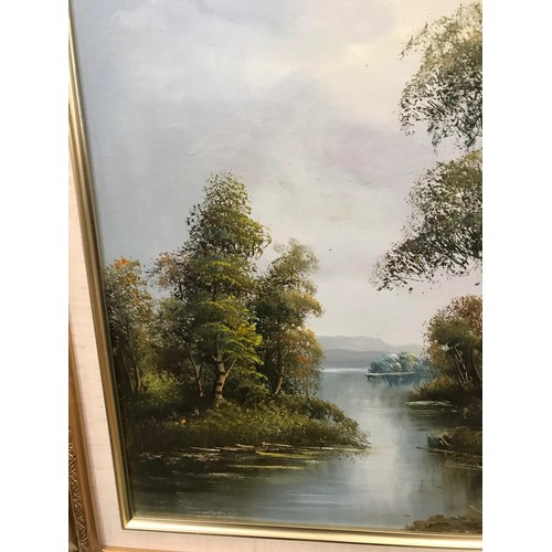44 - Ornate framed oil on canvas of country and waters edge scene by the artist Minteer
