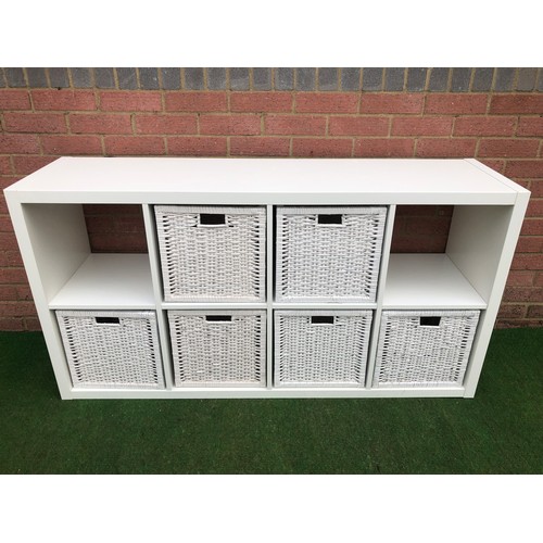61 - Bank of white wicker pull out draws works horizontal or vertical (two missing)