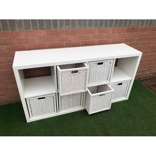 61 - Bank of white wicker pull out draws works horizontal or vertical (two missing)